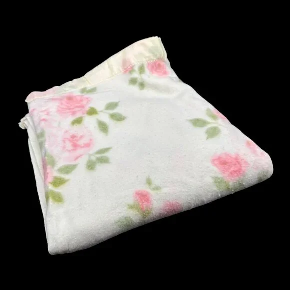 Vintage Floral Blanket Pink Rose Flowers Satin Style Trim Mid Century Bedding - Picture 1 of 6